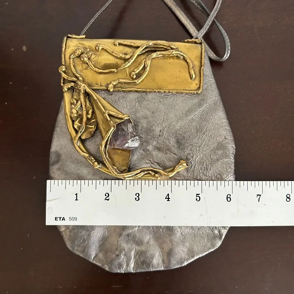 Copa Collection Vintage Brutalist Purse Brass Amethyst Metallic Leather Crossbod